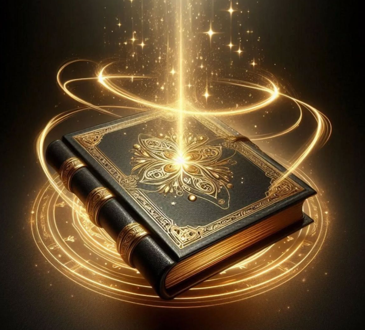 Livre ancien noir et or, entouré de lumière et d’orbites dorées